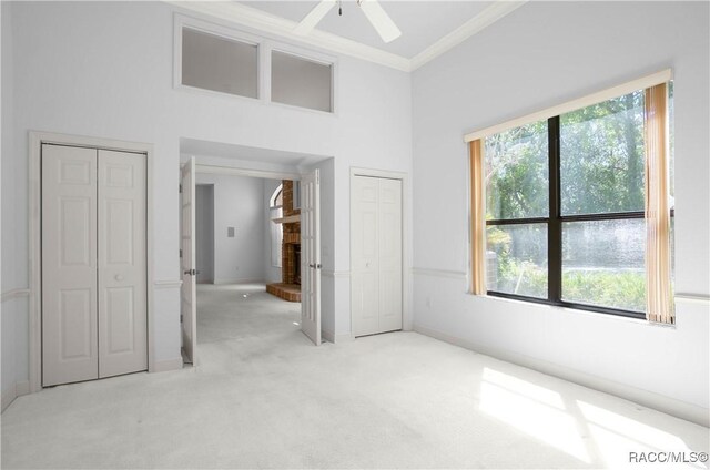 5550 W Yearling Dr, Beverly Hills, FL 34465 - unfurnished bedroom featuring carpet flooring, multiple windows, a towering ceiling, ornamental molding, and two closets