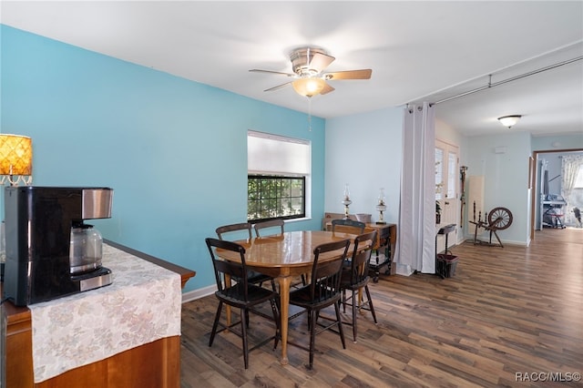 dining area featuring ceiling fan and dark wood-type flooring