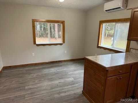 interior space featuring light hardwood / wood-style flooring, a wall mounted AC, and ceiling fan