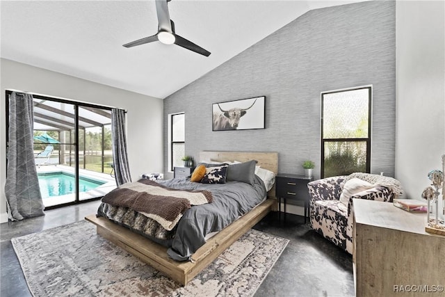 8638 Chadwick Dr, Tampa, FL 33635 - bedroom with concrete flooring, access to exterior, high vaulted ceiling, and a ceiling fan