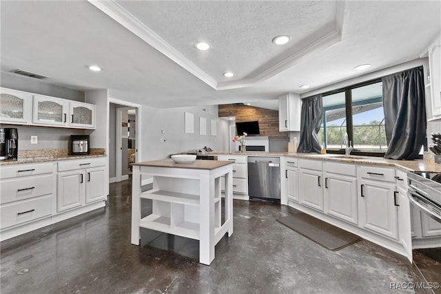 8638 Chadwick Dr, Tampa, FL 33635 - kitchen featuring stainless steel appliances, a sink, open shelves, concrete floors, and glass insert cabinets