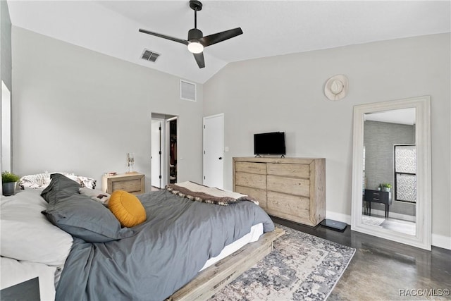 8638 Chadwick Dr, Tampa, FL 33635 - bedroom featuring lofted ceiling, access to exterior, baseboards, concrete flooring, and a ceiling fan