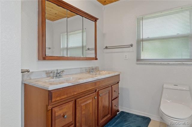 bathroom with ornamental molding, vanity, wooden ceiling, and toilet