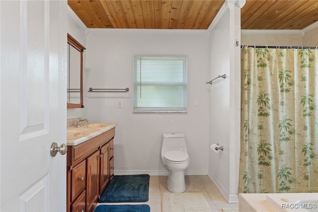 bathroom with tile patterned flooring, toilet, vanity, wood ceiling, and ornamental molding