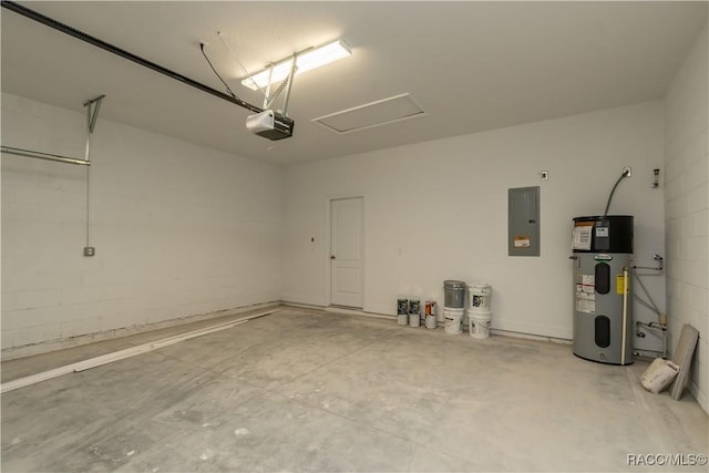 garage featuring a garage door opener, water heater, and electric panel