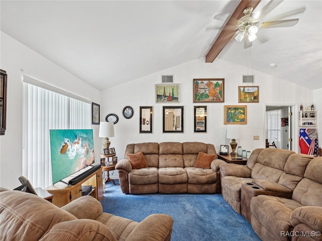 living room featuring lofted ceiling with beams, carpet floors, and ceiling fan