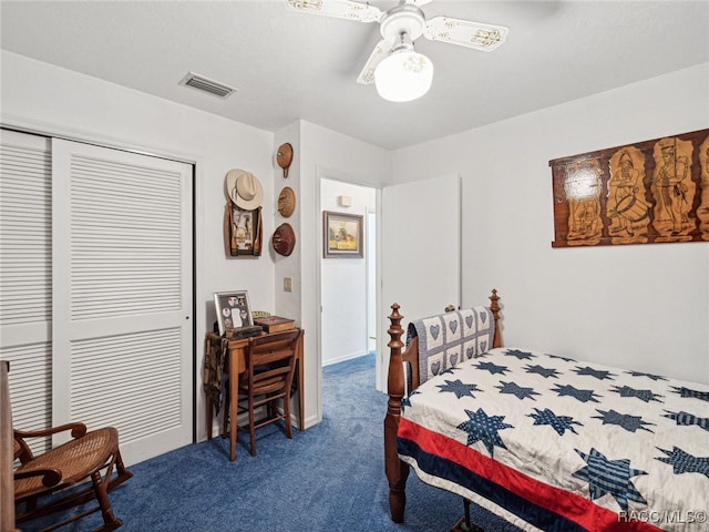 bedroom with carpet flooring, ceiling fan, and a closet