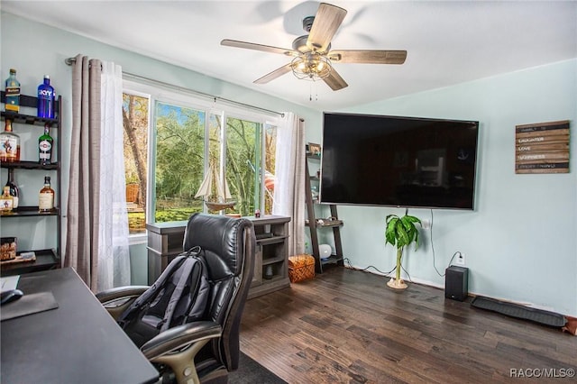 office space with dark hardwood / wood-style floors and ceiling fan