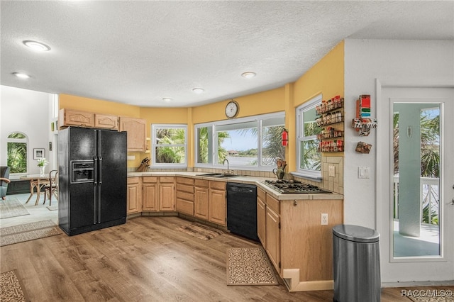 kitchen featuring a sink, light countertops, black appliances, and a textured ceiling