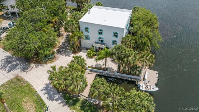 drone / aerial view featuring a water view