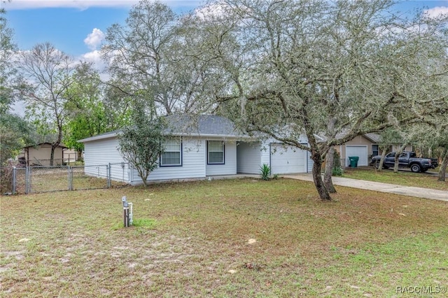 ranch-style home featuring a garage, concrete driveway, a front yard, and fence