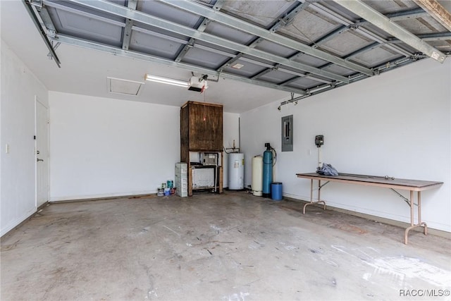 garage featuring electric panel, water heater, baseboards, and a garage door opener