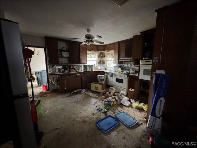 kitchen featuring ceiling fan, white appliances, and visible vents