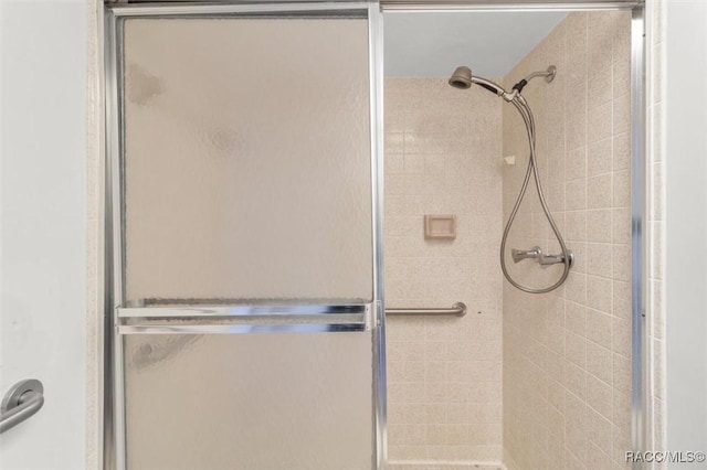 bathroom featuring a shower with door