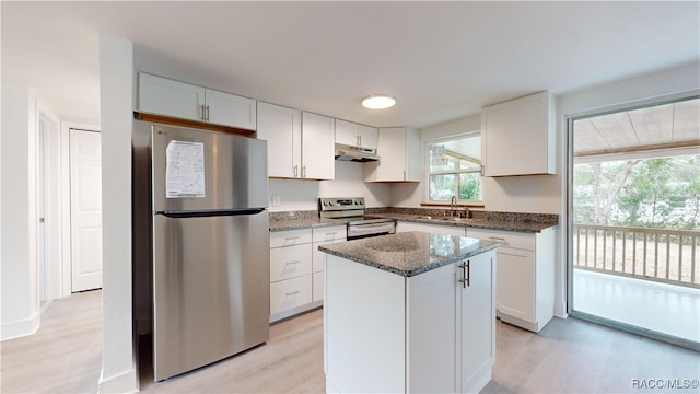 kitchen featuring white cabinets, stainless steel appliances, a kitchen island, and sink