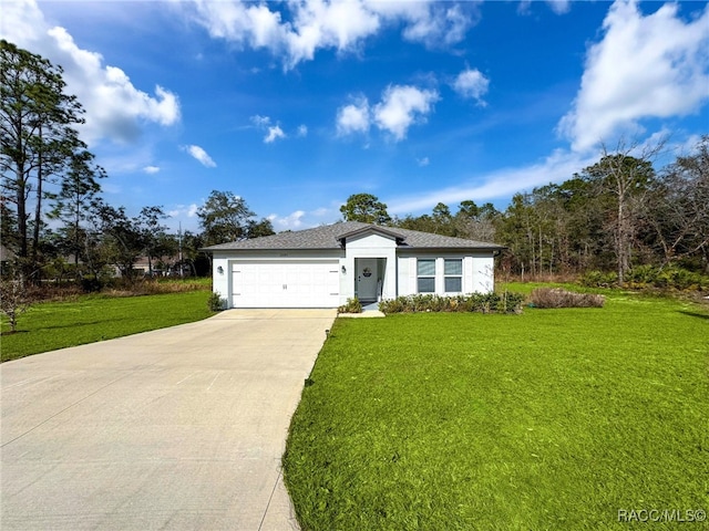 single story home with a garage and a front yard