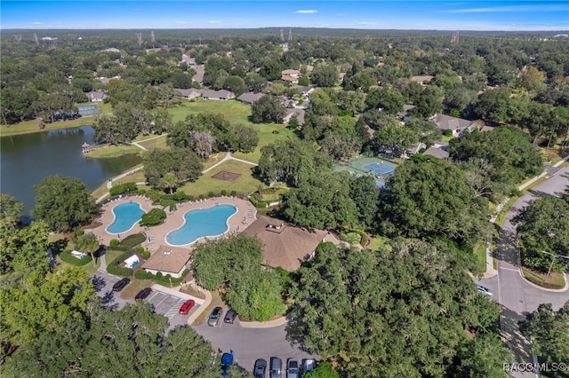 aerial view featuring a water view