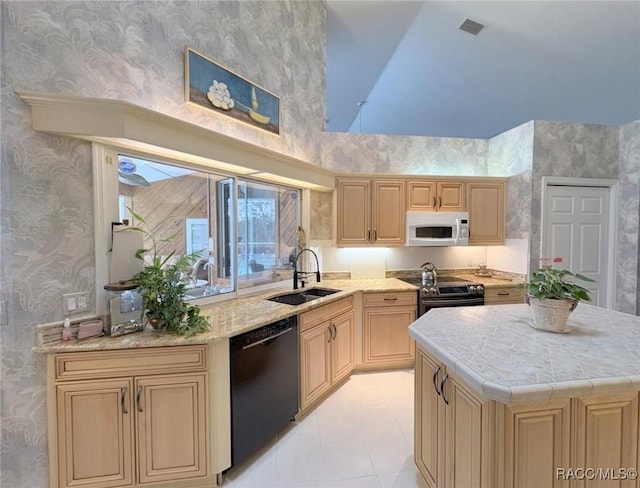 kitchen with electric range, light brown cabinetry, dishwasher, high vaulted ceiling, and sink