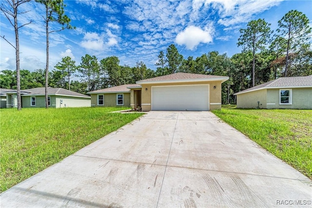 ranch-style house with a front yard and a garage