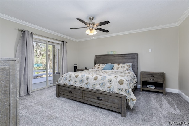 carpeted bedroom featuring ceiling fan, ornamental molding, and access to outside