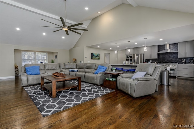 living room featuring beam ceiling, ceiling fan, high vaulted ceiling, and dark wood-type flooring