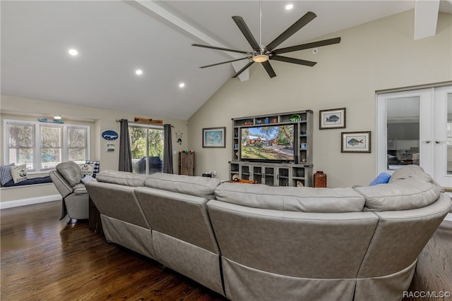 living room with ceiling fan, dark wood-type flooring, high vaulted ceiling, and french doors