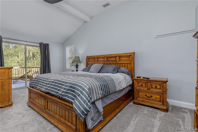 carpeted bedroom featuring lofted ceiling with beams and access to outside