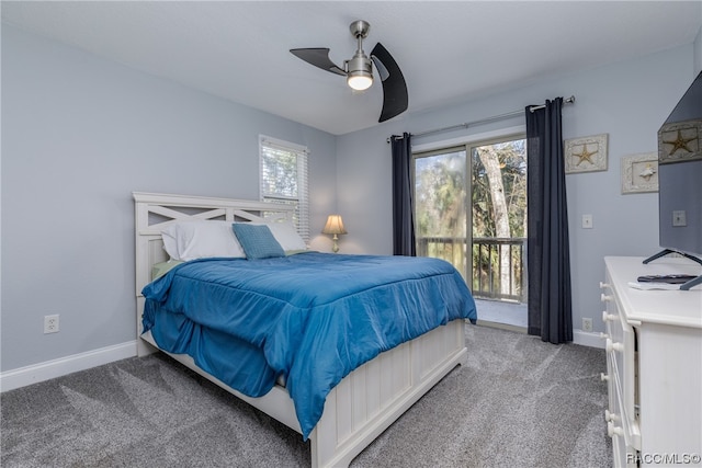 bedroom with multiple windows, access to exterior, carpet floors, and ceiling fan