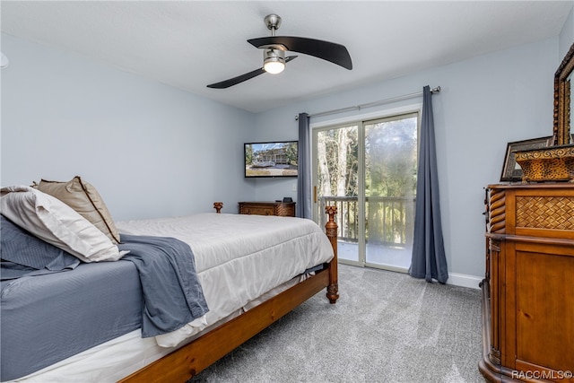 bedroom with access to outside, ceiling fan, and light colored carpet