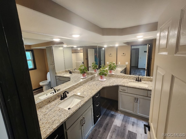 bathroom with a shower with shower door, toilet, wood-type flooring, and vanity