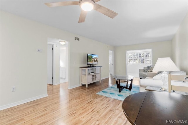 living room with ceiling fan and light wood-type flooring