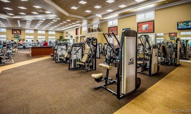 exercise room featuring a high ceiling