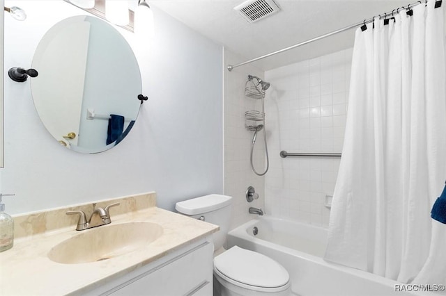 full bathroom featuring vanity, toilet, and shower / bathtub combination with curtain