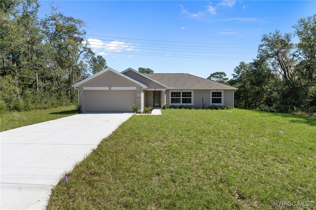 ranch-style house with a front yard and a garage