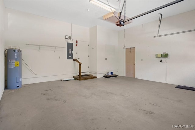 garage featuring electric panel, a garage door opener, and water heater