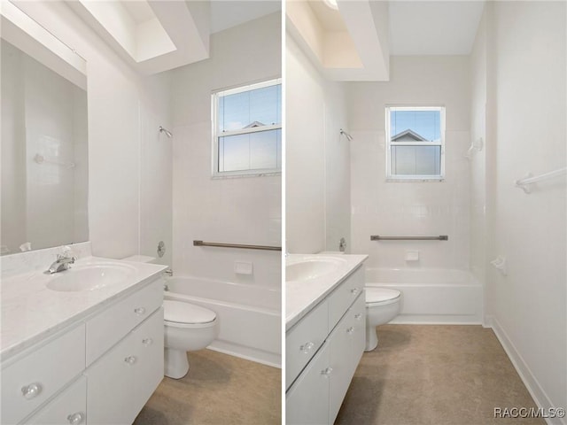 full bathroom with plenty of natural light, vanity, bathtub / shower combination, and toilet