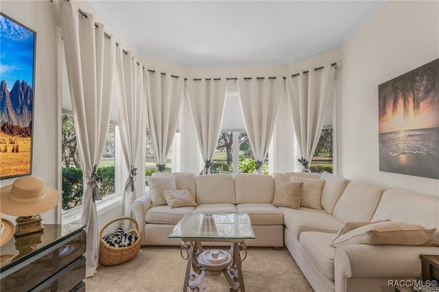 living room with light colored carpet and ornamental molding