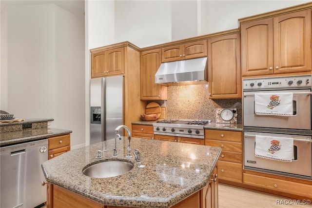 kitchen with under cabinet range hood, stainless steel appliances, light stone counters, and a sink