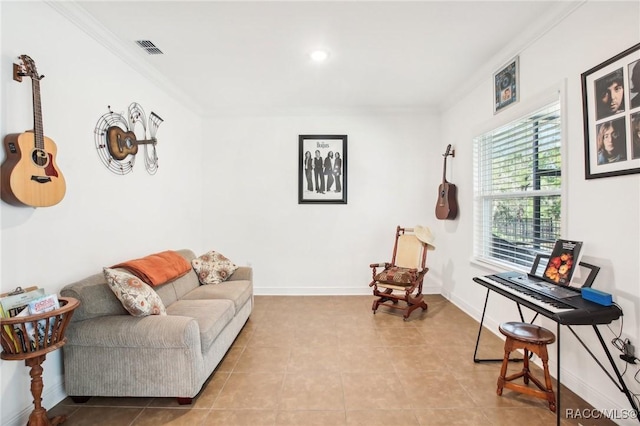 interior space with light tile patterned floors and ornamental molding