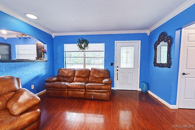 living room featuring dark hardwood / wood-style floors and ornamental molding