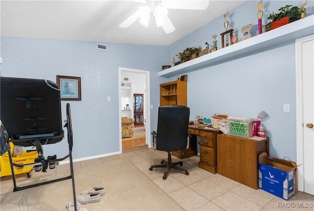 office space with ceiling fan and light tile patterned floors