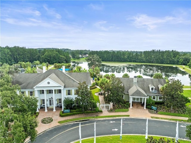 drone / aerial view with a water view