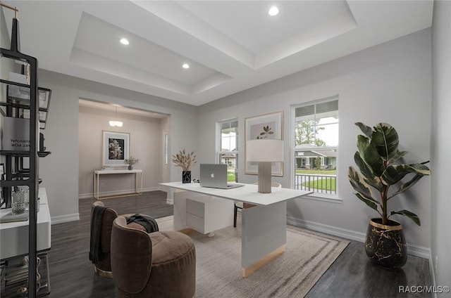 office space featuring dark hardwood / wood-style flooring and a raised ceiling