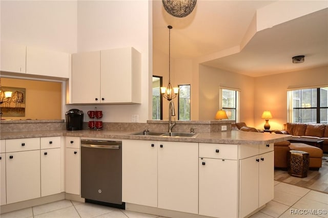 kitchen with kitchen peninsula, sink, pendant lighting, dishwasher, and white cabinets