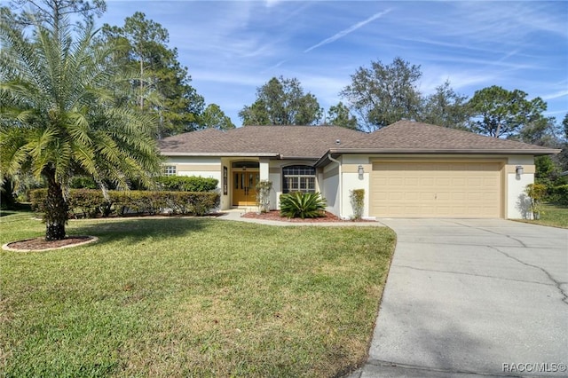 single story home featuring a front yard and a garage