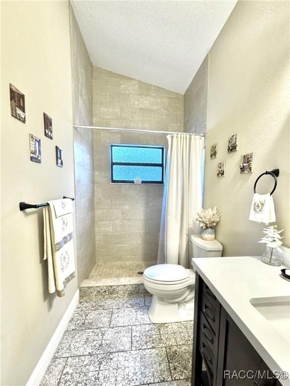 bathroom featuring toilet, vanity, vaulted ceiling, walk in shower, and a textured ceiling