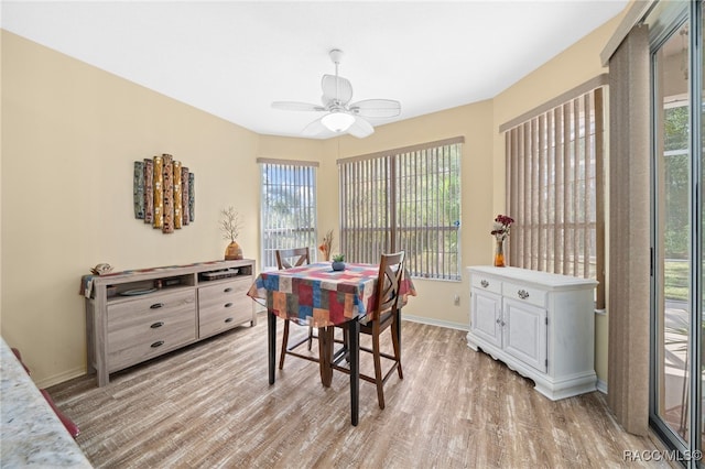 dining room with ceiling fan, a healthy amount of sunlight, and light hardwood / wood-style floors