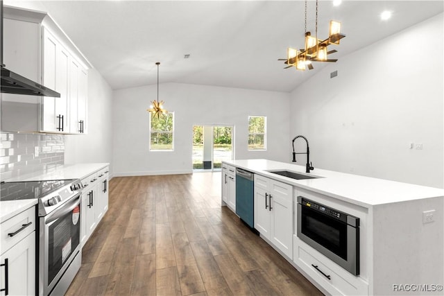 kitchen featuring sink, hanging light fixtures, stainless steel appliances, dark hardwood / wood-style flooring, and vaulted ceiling