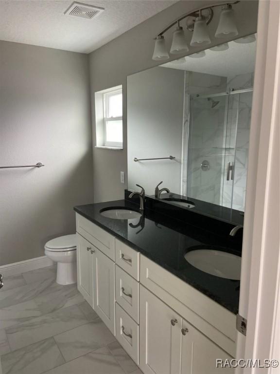 bathroom with a shower with door, vanity, and toilet