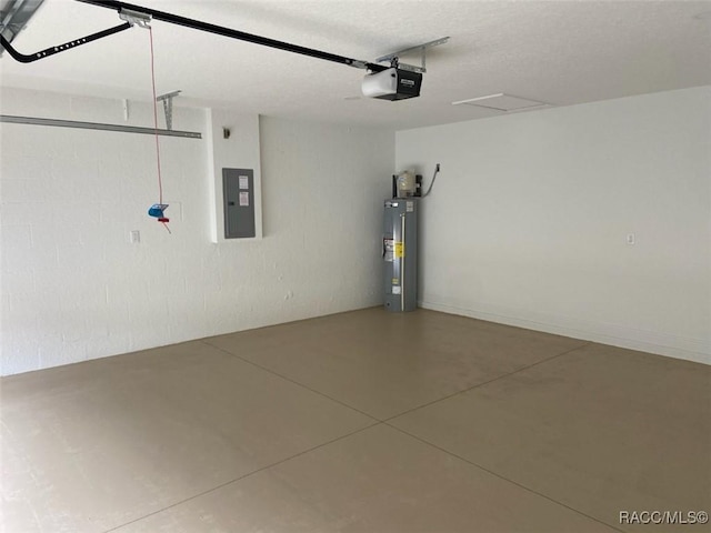 garage with a garage door opener, electric panel, and water heater